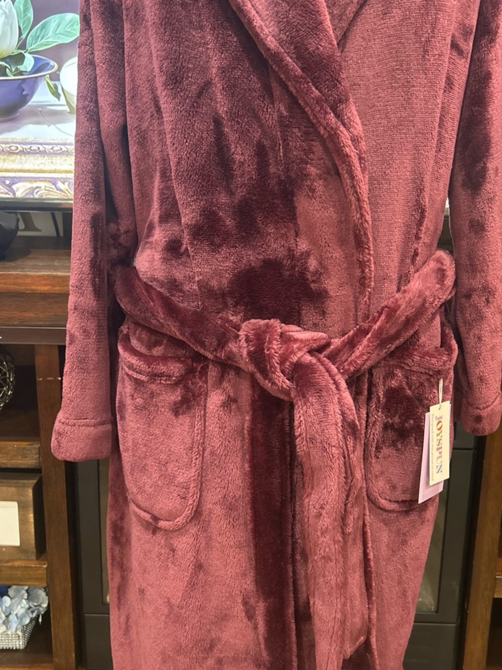 Cozy Long Plush Robe in Burgundy - Shawl Collar Lounge Wrap - Picture 5 of 8